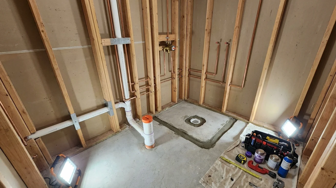 Bathroom rough-in plumbing during remodel by Johns Plumbing LLC in Willits