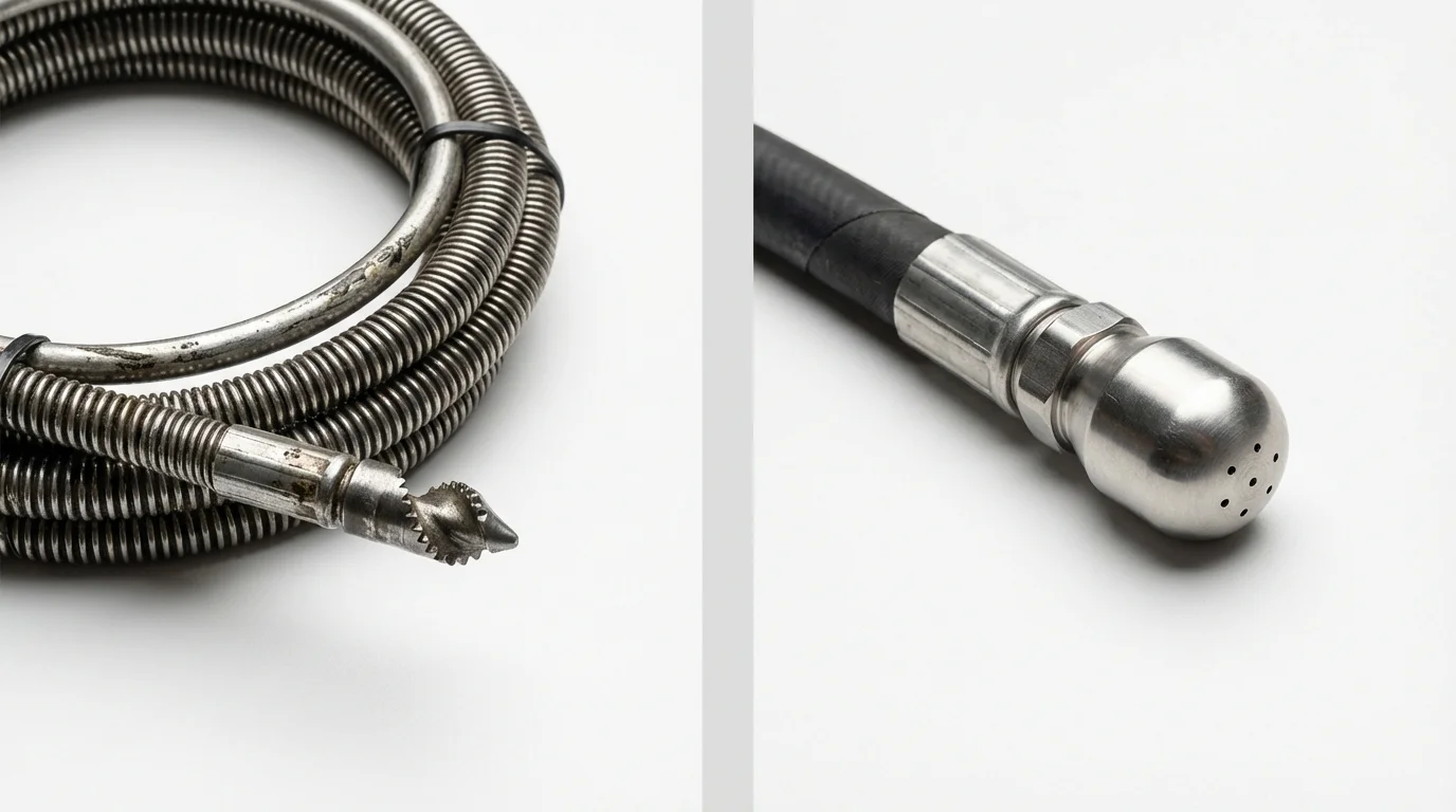 Drain snake cable and hydro jetting nozzle used for drain cleaning in Willits, CA