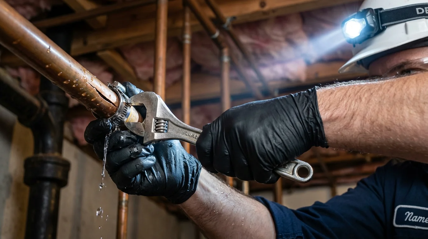 Emergency pipe clamp repair being performed by a Johns Plumbing LLC plumber in Willits