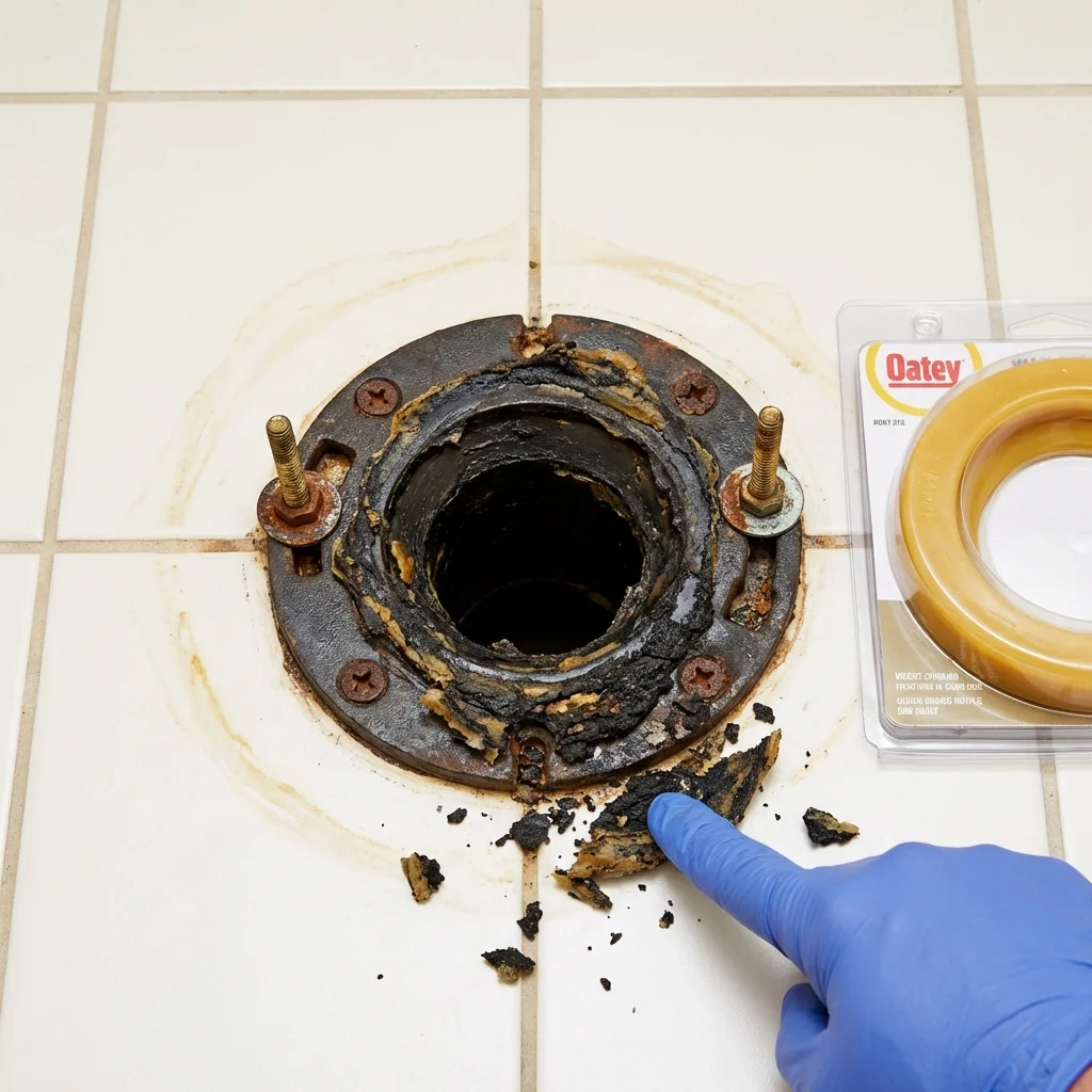 Failed wax ring showing water seepage at the base of a toilet in a Willits, CA home