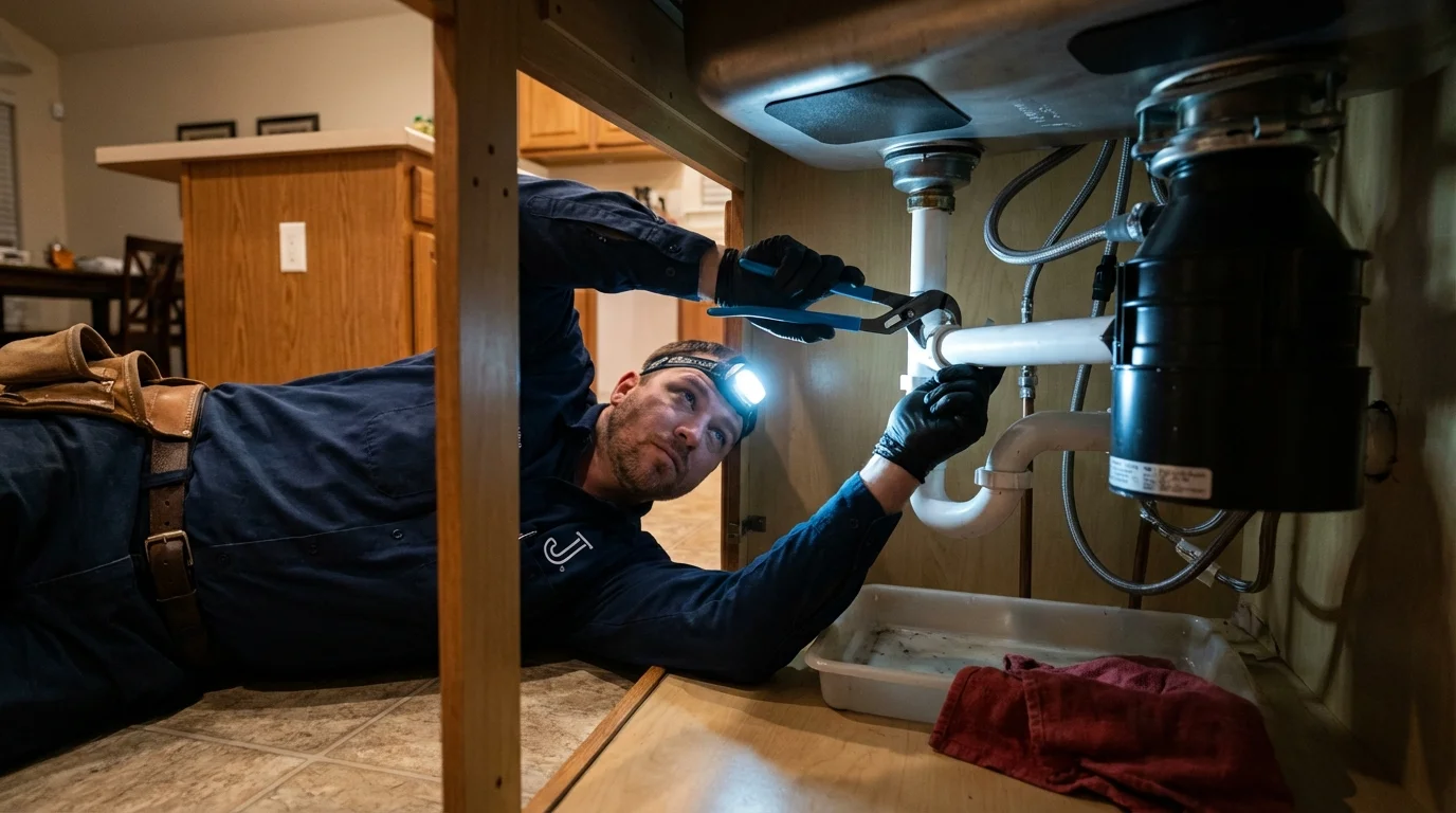 P-trap and supply line connections under a kitchen sink showing a common leak point in Willits, CA